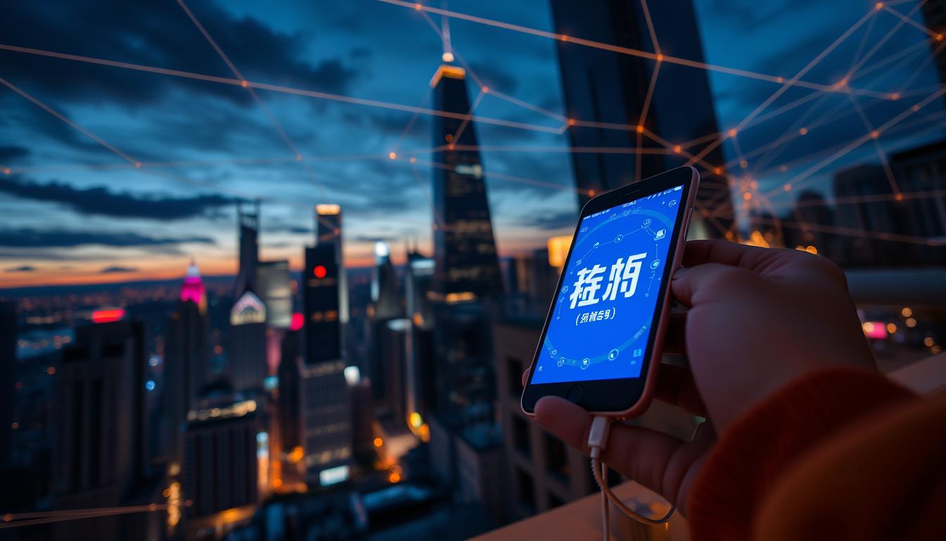 A bustling cityscape at dusk, with towering skyscrapers and a sprawling network of glowing cables and wireless signals. In the foreground, a sleek and modern smartphone emits a soft blue light, the screen displaying the "爱思助手" logo against a backdrop of interconnected nodes and data visualizations. The scene is illuminated by a warm, golden glow, creating a sense of technological wonder and the promise of seamless connectivity. The composition utilizes a cinematic, low-angle perspective to emphasize the scale and importance of the subject matter, while the depth of field blurs the background, drawing the viewer's attention to the central device and its network solutions.