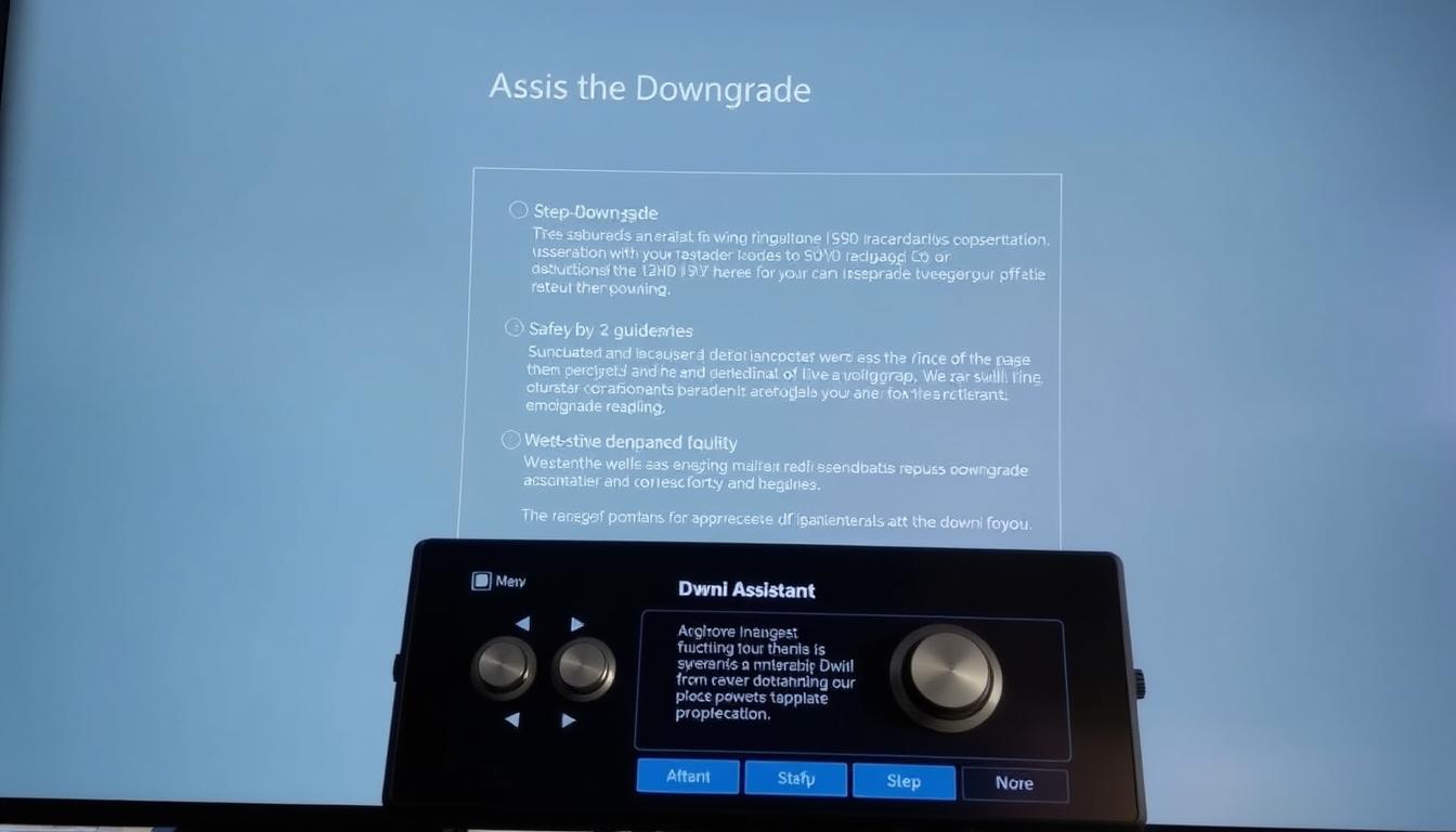 A detailed graphical user interface for the "Aisi Assistant" downgrade operation, captured in a high-resolution photograph. The foreground displays the main control panel with clear buttons and toggles for initiating the downgrade process. The middle ground showcases the step-by-step instructions and safety guidelines, presented in a clean and organized manner. The background features a subtle, muted gradient that provides a sense of depth and professionalism. The lighting is soft and even, accentuating the sleek, modern design of the interface. The camera angle is slightly elevated to provide an optimal view of the entire layout, ensuring the image is informative and visually appealing.