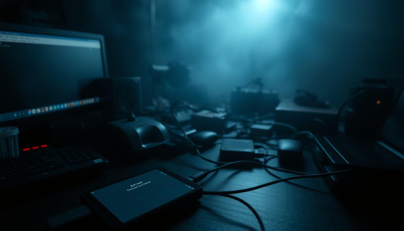 A dimly lit, cluttered desktop workspace with a variety of electronic devices and cables. In the foreground, a smartphone is connected to a USB cable, its screen displaying an error message. The middle ground features a laptop, a desktop computer, and various other gadgets, all seemingly malfunctioning. The background is hazy, with shadows and a sense of technical complexity. Diffused lighting creates a moody, problem-solving atmosphere, as if the user is troubleshooting a connectivity issue. The scene conveys the frustration and challenge of diagnosing a device connection failure.