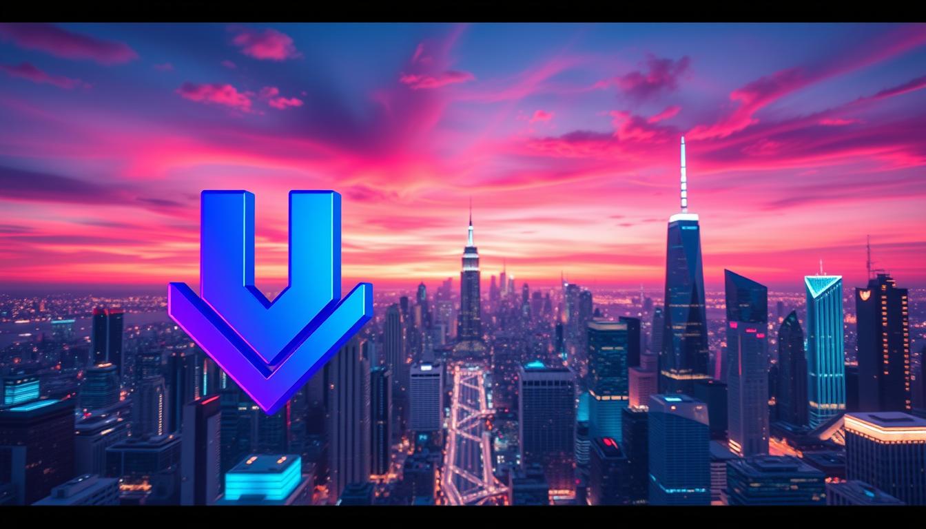 A high-speed internet download icon against a futuristic, neon-lit cityscape. In the foreground, a sleek, three-dimensional download symbol with bold, angular lines in shades of blue and purple, emanating a sense of speed and power. In the middle ground, a panoramic view of a bustling metropolis, with towering skyscrapers and glowing, interconnected networks of data streams. In the background, a vibrant, saturated sky with hues of pink, orange, and violet, creating a dynamic, cyberpunk-inspired atmosphere. Cinematic lighting casts dramatic shadows and highlights, emphasizing the technological, forward-thinking nature of the scene. The composition is balanced and symmetrical, with a strong focus on the central download icon.