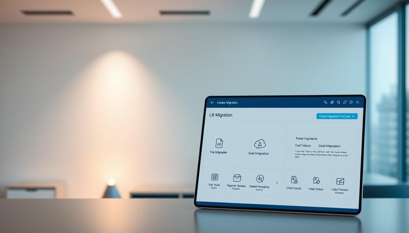 A sleek and intuitive data migration tool interface, presented against a backdrop of a minimalist and clean workspace. The foreground showcases the tool's key features - file transfer, data synchronization, and cloud integration - all displayed in a modern, user-friendly layout. Soft lighting from above casts a warm glow, emphasizing the tool's simplicity and efficiency. The middle ground features subtle icons and visual cues, guiding the user through the migration process. In the background, a blurred cityscape or office scene suggests the tool's professional and enterprise-level capabilities. The overall mood is one of productivity, progress, and technological sophistication.