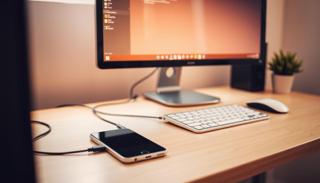 A desktop computer with a monitor, keyboard, and mouse prominently displayed on a office desk. The computer is connected to a smartphone or tablet via a USB cable, illustrating the process of device synchronization or data transfer. The desk is made of a light-colored wood, with a simple, minimalist design. Warm, natural lighting from a window or lamp softly illuminates the scene, creating a serene and productive atmosphere. The background is blurred, keeping the focus on the devices and their connection.
