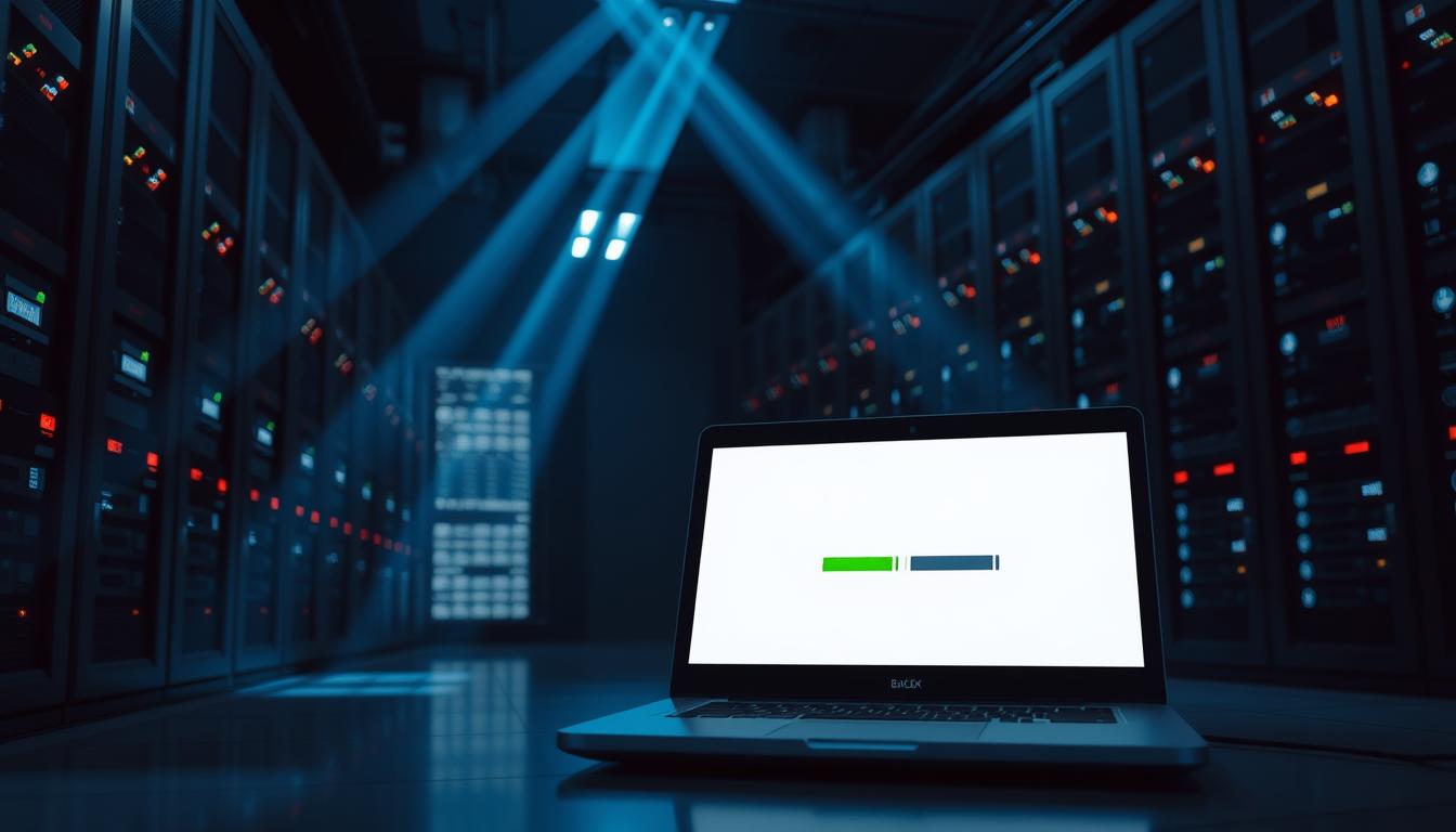 A dimly lit server room, with rows of towering data cabinets and blinking indicator lights. In the foreground, a sleek laptop is open, displaying a progress bar for a backup operation. Beams of cool blue light cast a serene atmosphere, while the faint hum of cooling fans creates a sense of industrious focus. The scene conveys the importance of regularly backing up crucial data, a vital step in maintaining the health and longevity of one's digital devices.